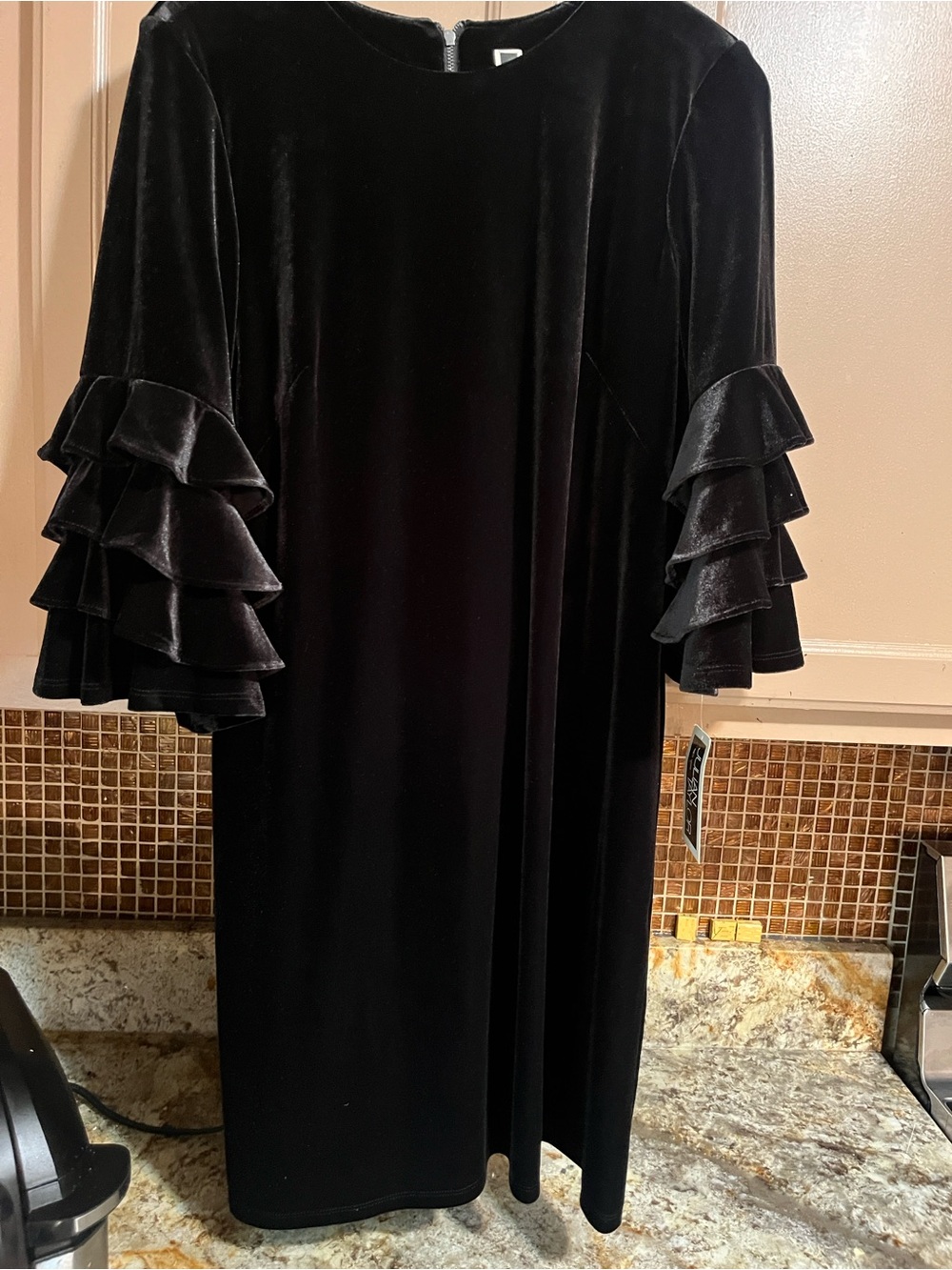 Julian Taylor Black Velvet Midi Dress with Ruffle Sleeves